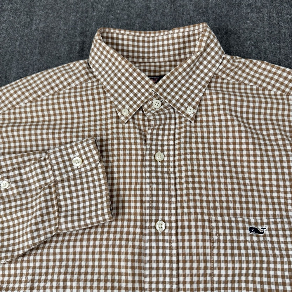 Vineyard Vines Men's Medium Classic Fit Tucker Shirt Brown White Gingham Cotton